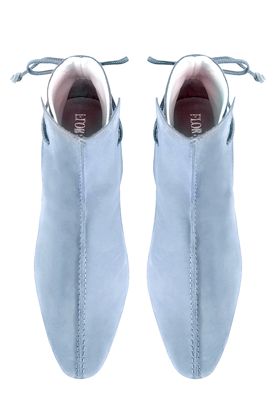 Sky blue women's ankle boots with laces at the back. Round toe. Low block heels. Top view - Florence KOOIJMAN